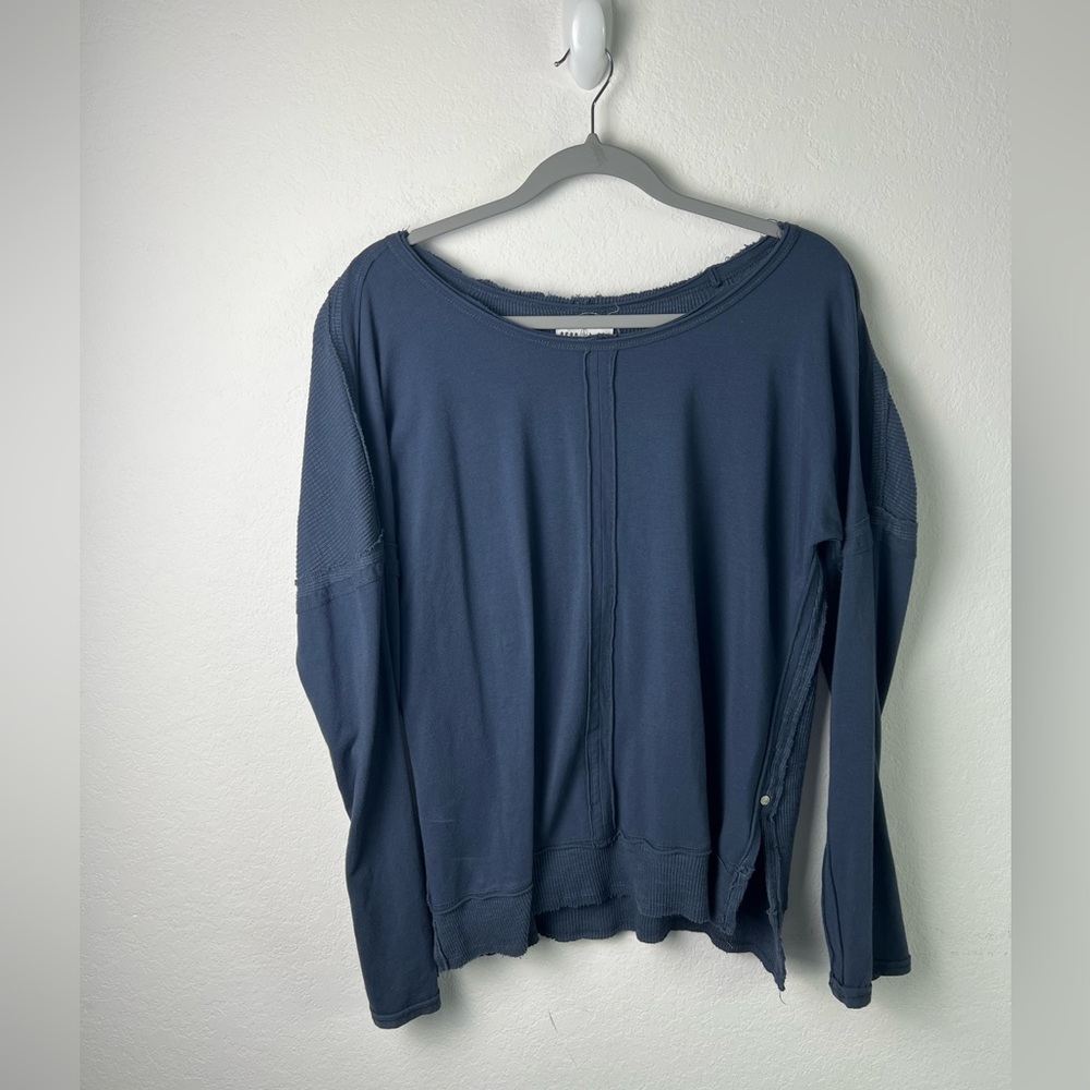 Neon Buddha Navy Button Detail Raw Edges Cotton Spandex Pullover Top